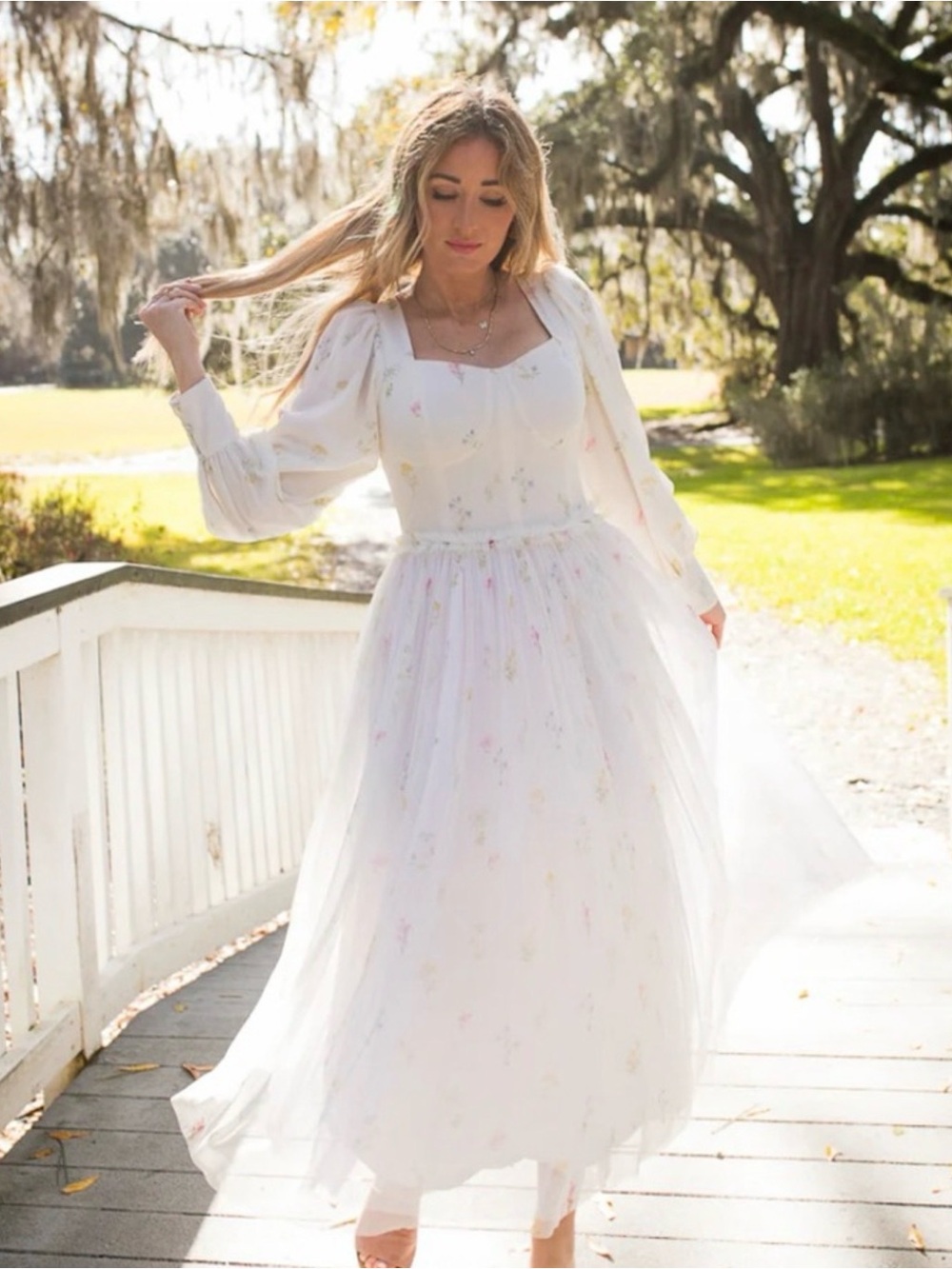 Ivy City Co Florence Dress White Floral Midi with Puff Sleeves
